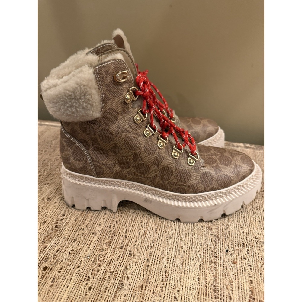 Coach Janel Signature Logo Print Shearling Accent Lug Sole Hiker Booties Sz-8.5 - Picture 4 of 14